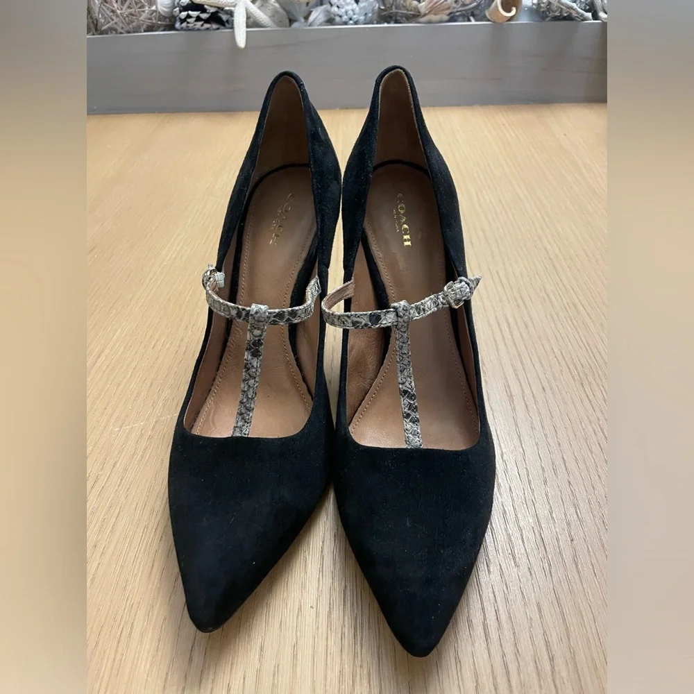 COACH FULTON Black Suede Snakeskin T-Strap Stiletto Pumps Size 11 B